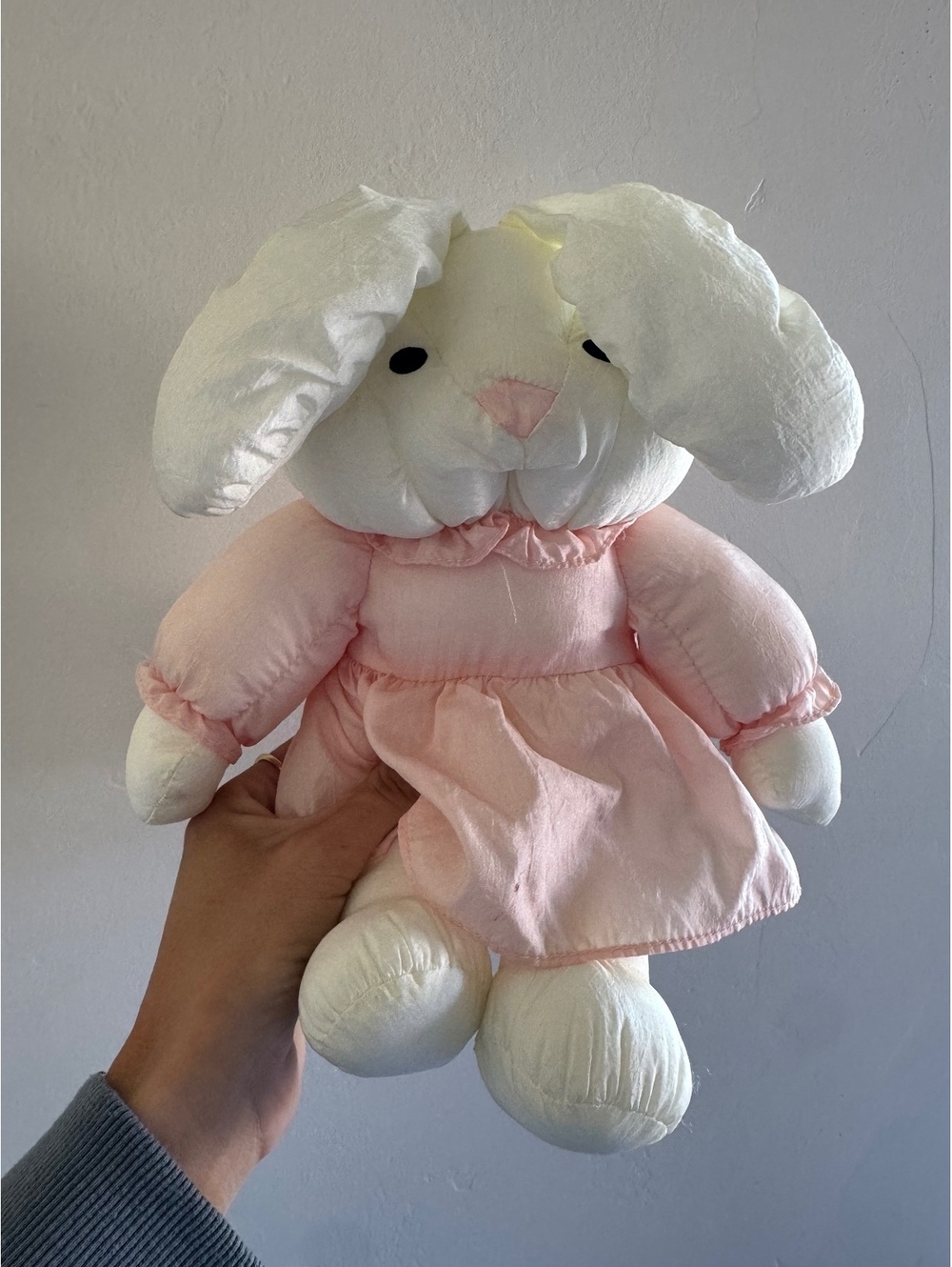 Vintage Handmade White Bunny Rabbit Plush Pink Dress Stuffed Animal Korea